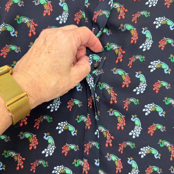 Loft Peacock Print Ruffle Neck Blouse Button Up Long Sleeve Navy Blue Size M - Picture 5 of 12